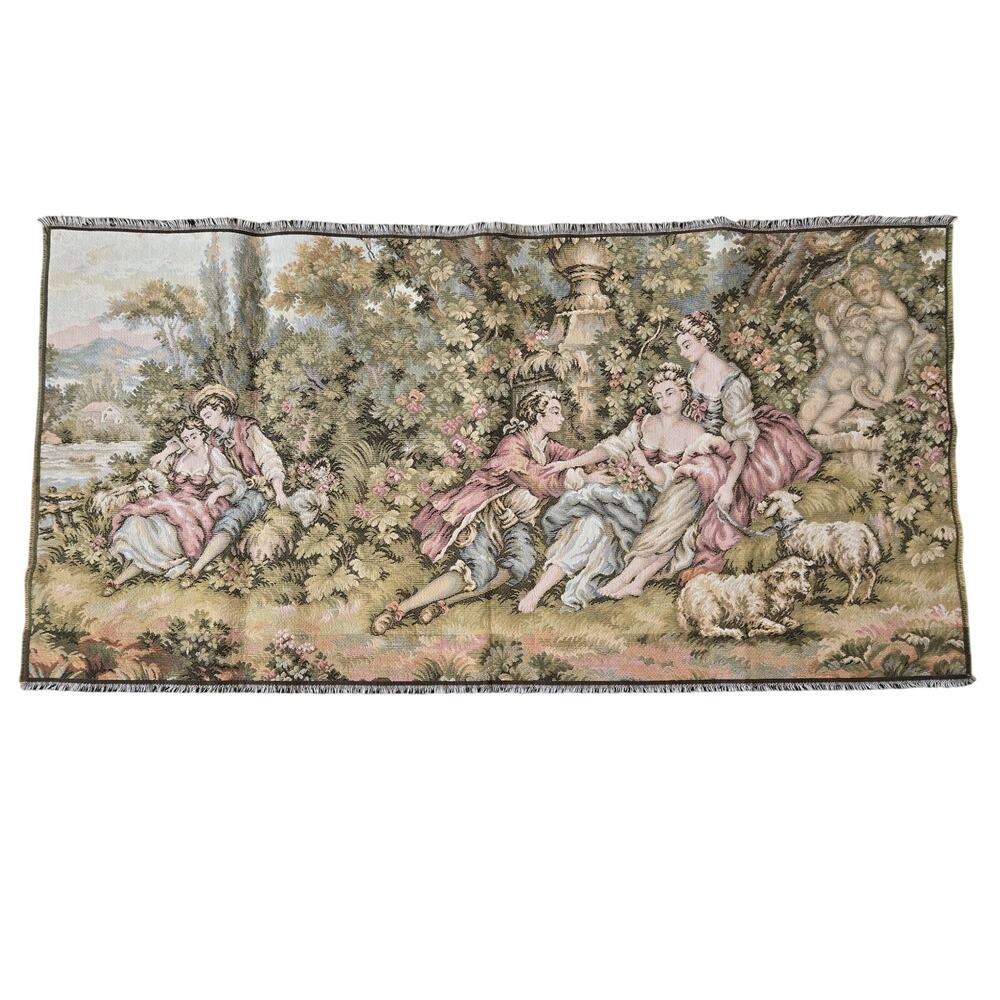 Vintage French Tapestry Beautiful Pictorial Romantic Decor Tapestry 38"x20"
